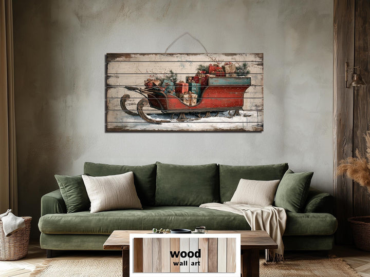 Christmas Sleigh With Presents Distressed Wood Wall Art