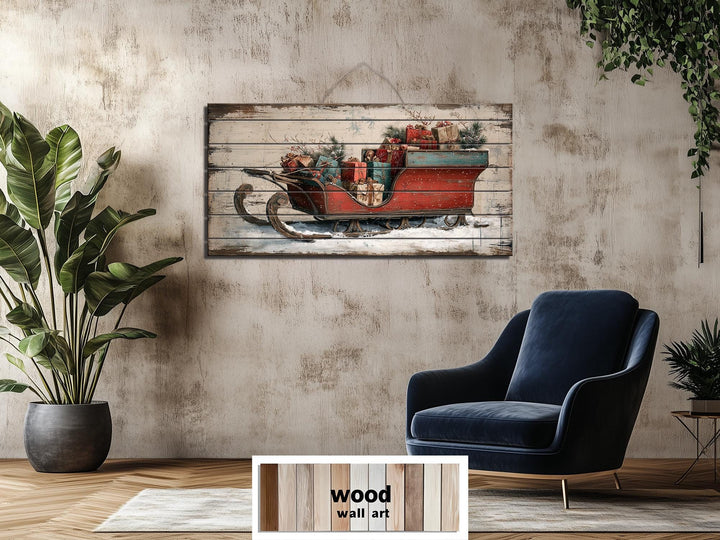 Christmas Sleigh With Presents Distressed Wood Wall Art