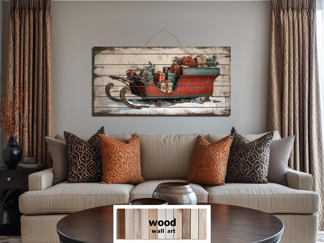Christmas Sleigh With Presents Distressed Wood Wall Art