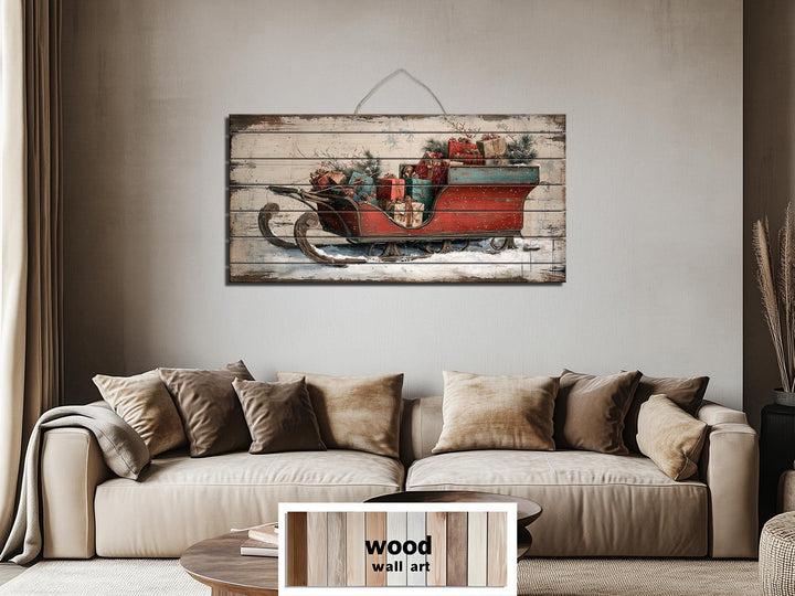 Christmas Sleigh With Presents Distressed Wood Wall Art