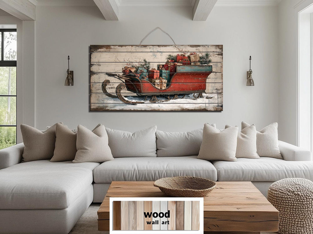 Christmas Sleigh With Presents Distressed Wood Wall Art