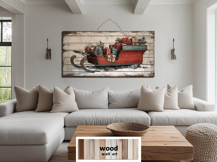 Christmas Sleigh With Presents Distressed Wood Wall Art