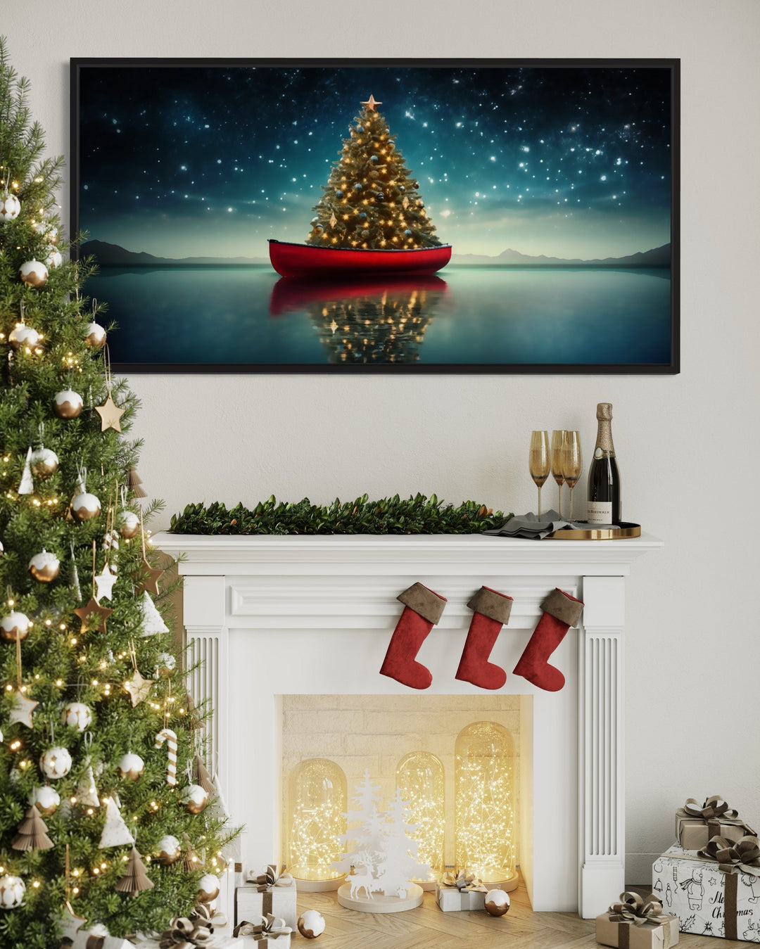 Christmas Tree In Red Canoe Framed Canvas Wall Art