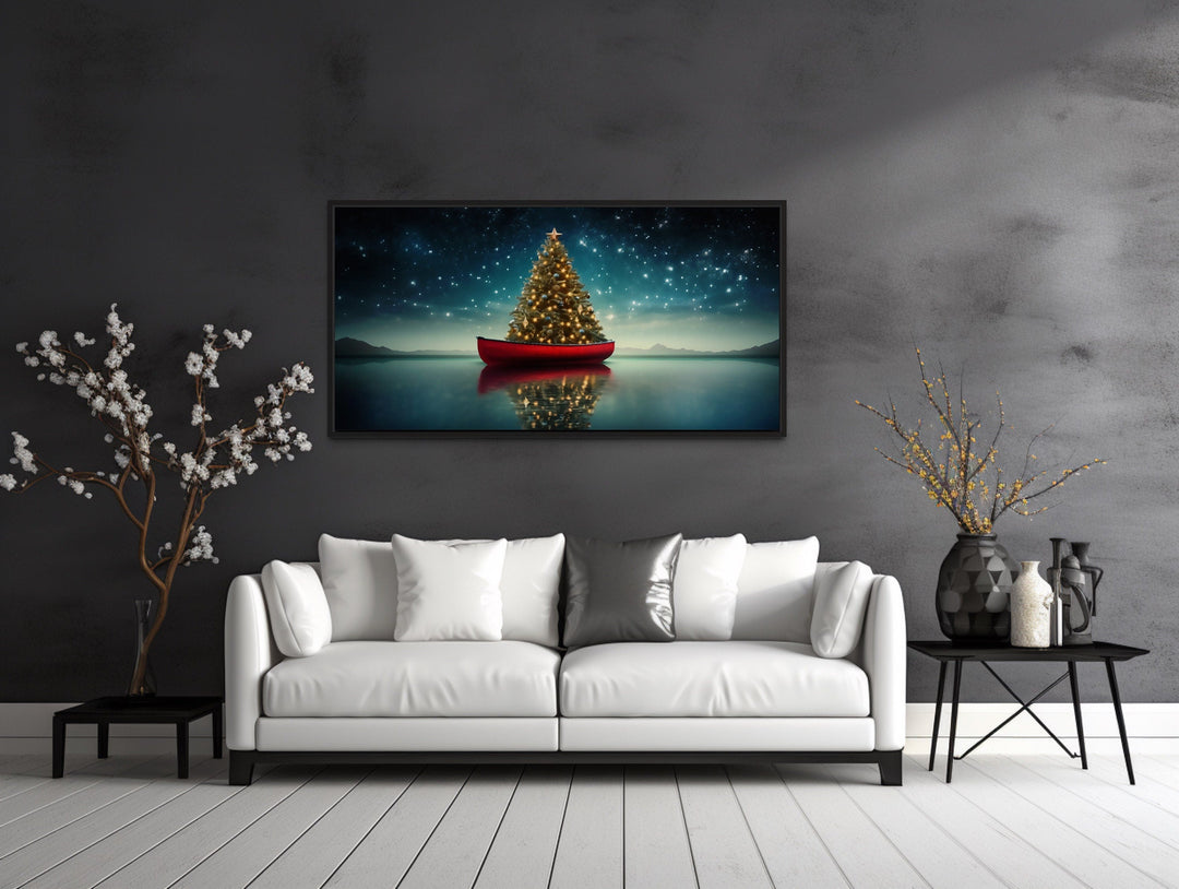 Christmas Tree In Red Canoe Framed Canvas Wall Art