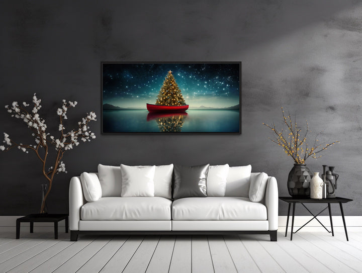 Christmas Tree In Red Canoe Framed Canvas Wall Art