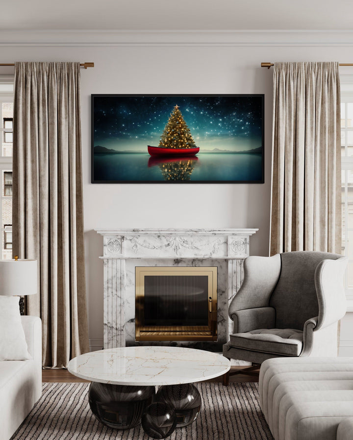 Rustic Cabin Wall Decor - Christmas Tree In Red Canoe Framed Canvas Wall Art