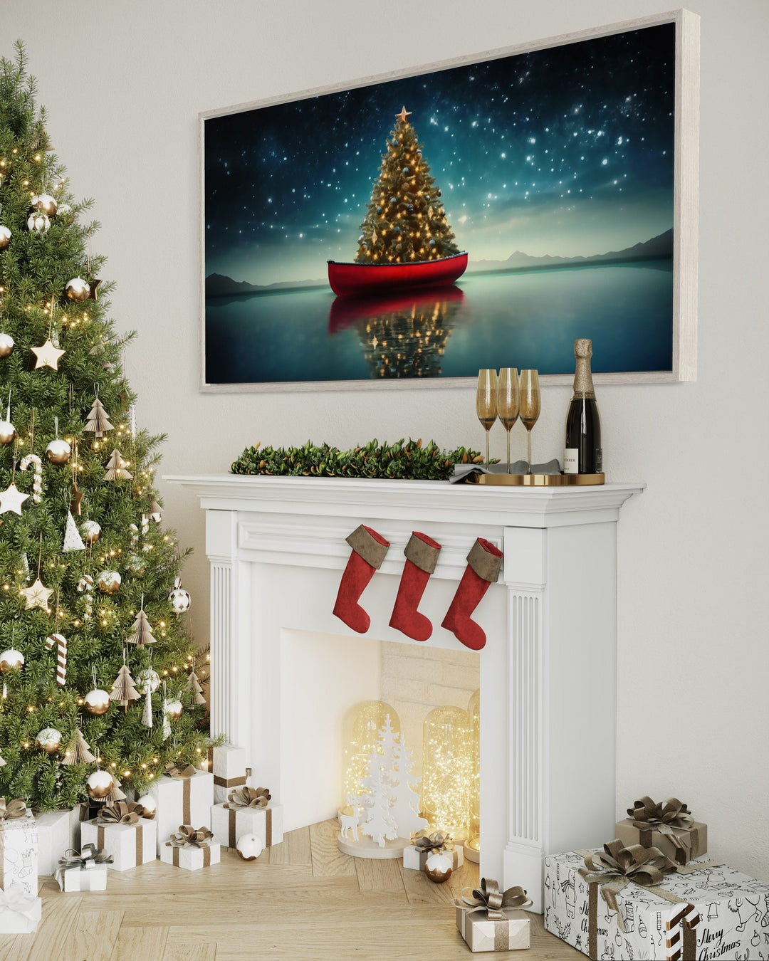 Christmas Tree In Red Canoe Framed Canvas Wall Art