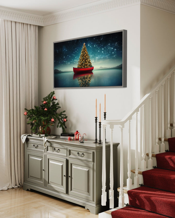 Christmas Tree In Red Canoe Framed Canvas Wall Art