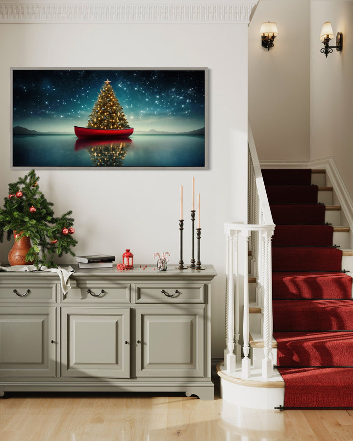 Christmas Tree In Red Canoe Framed Canvas Wall Art