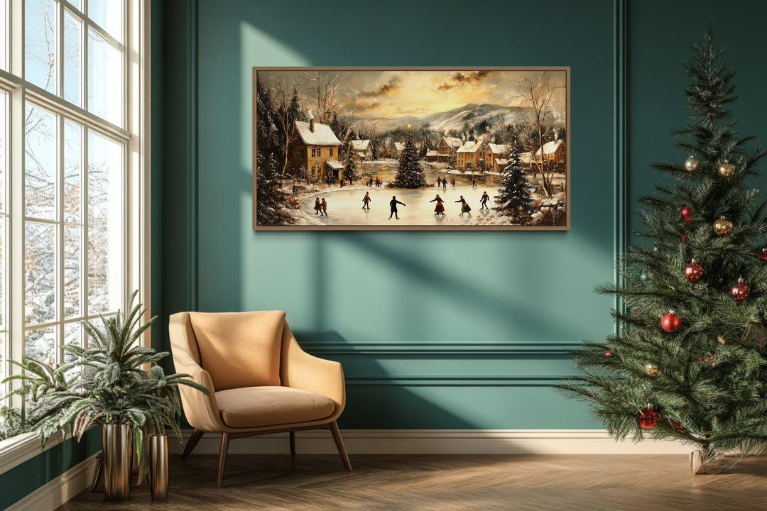 Christmas Village Skating Scene Framed Canvas Wall Art