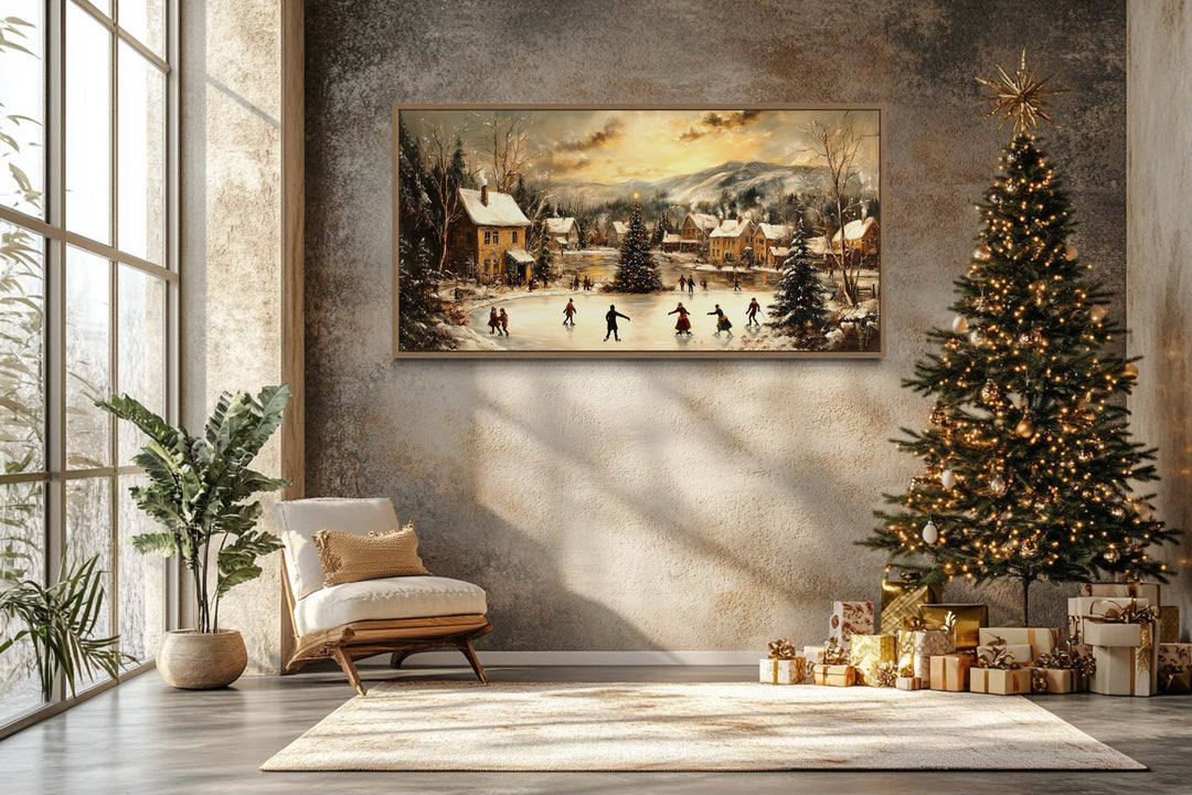 Christmas Village Skating Scene Framed Canvas Wall Art