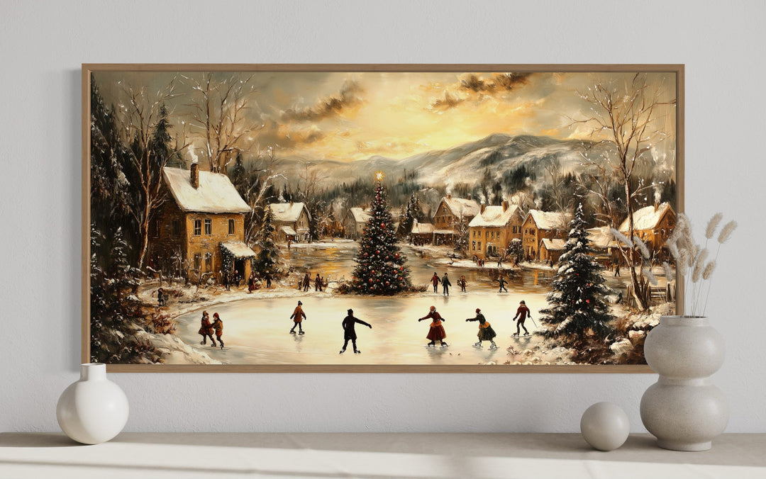 Christmas Village Skating Scene Framed Canvas Wall Art