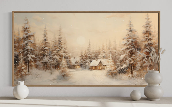 Christmas Village With Fir Trees Winter Framed Canvas Wall Art