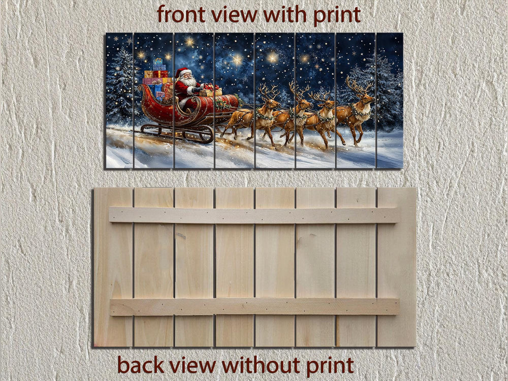 Christmas Wall Art - Rustic Santa Claus In Sleigh and Reindeer Distressed Wood Wall Art
