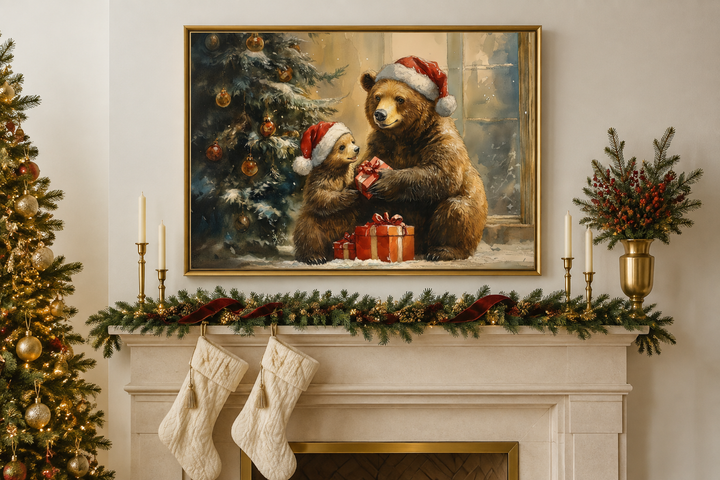 Mama bear and cub in Santa hats exchanging gifts, framed Christmas wall art above a fireplace.