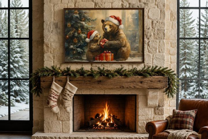 Mama bear and cub in Santa hats exchange gifts in a framed painting above a cozy stone fireplace.
