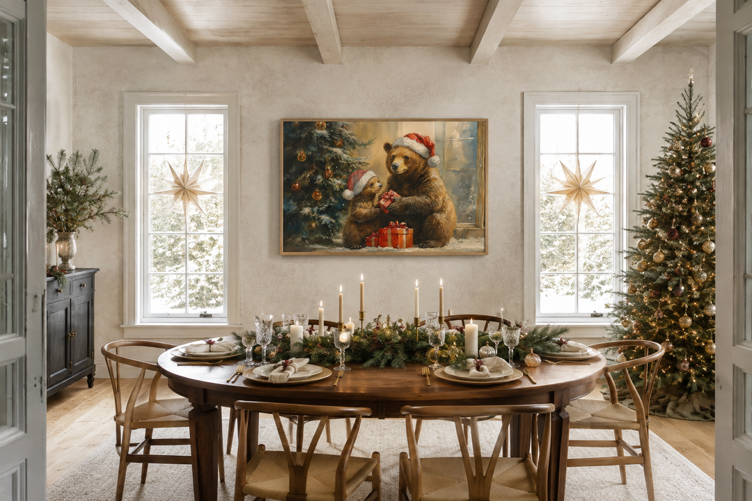 Mama bear and cub in Santa hats exchanging gifts wall art above a decorated dining table.