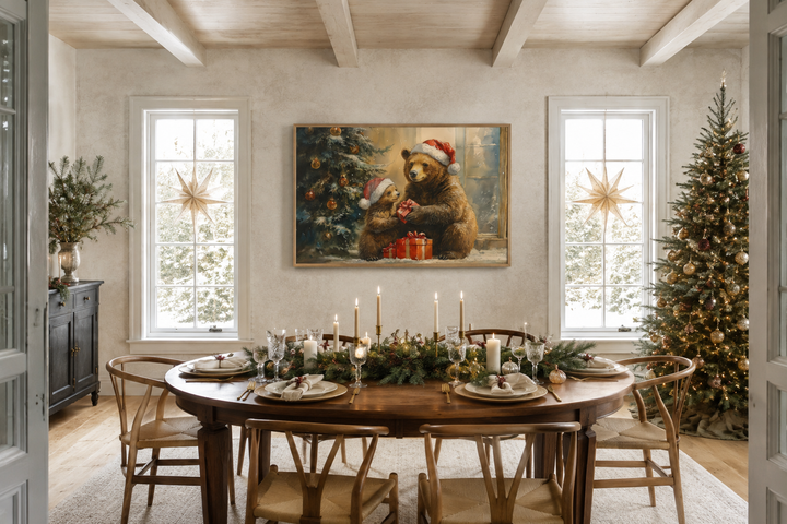 Mama bear and cub in Santa hats exchanging gifts wall art above a decorated dining table.