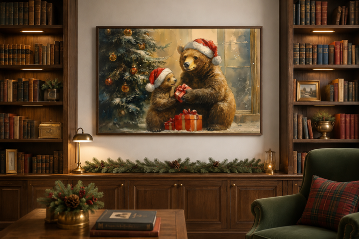 Mama bear and cub in Santa hats exchange gifts in a framed Christmas wall art above a bookshelf.