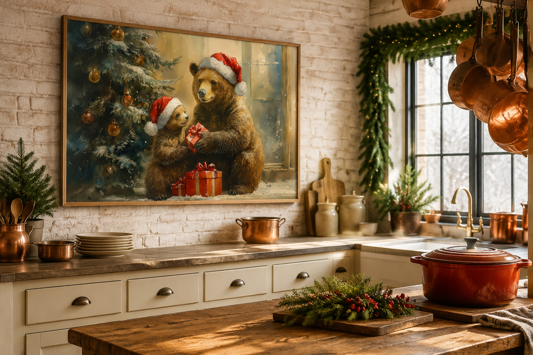 Mama bear and cub in Santa hats exchanging gifts, framed Christmas wall art in a rustic kitchen.