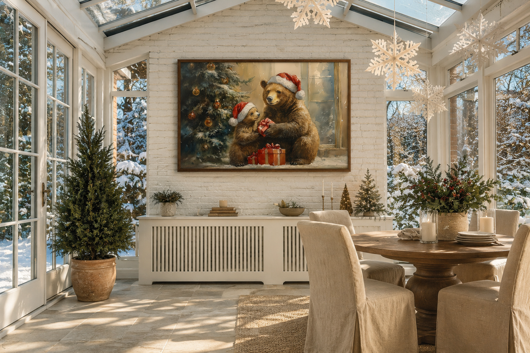 Mama bear and cub in Santa hats exchanging gifts on a framed canvas wall art in a sunroom.