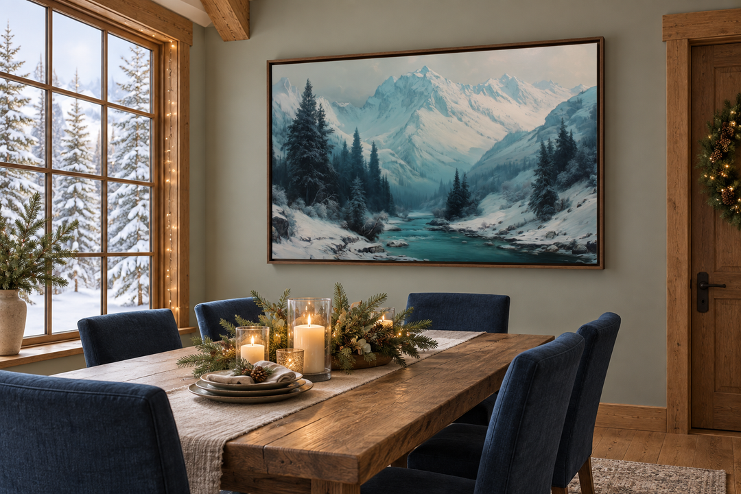 Snowy mountain river canvas wall art hanging in a cozy dining room with winter decor.