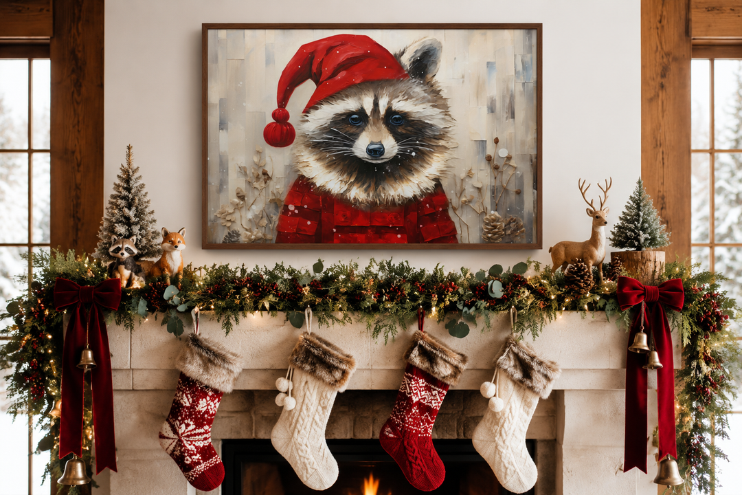 Framed canvas wall art of a raccoon in a Santa hat hanging above a decorated Christmas mantel.