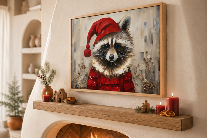 Framed canvas wall art of a cute raccoon in a Santa hat displayed above a fireplace mantel.