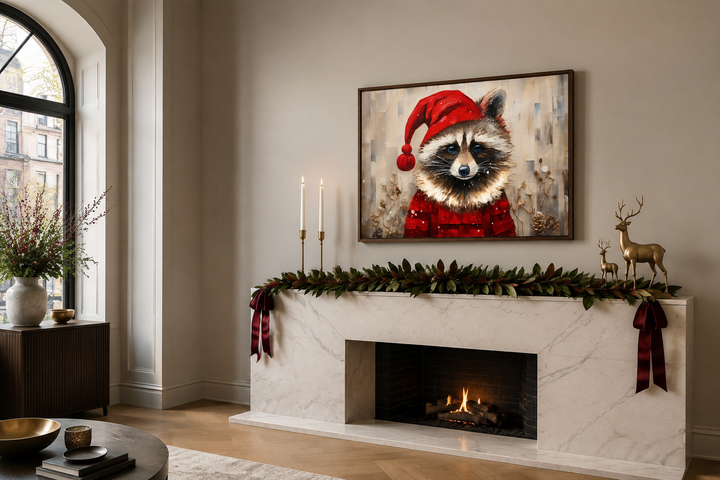 Framed canvas art of a raccoon in a Santa hat hanging above a marble fireplace with holiday garland.