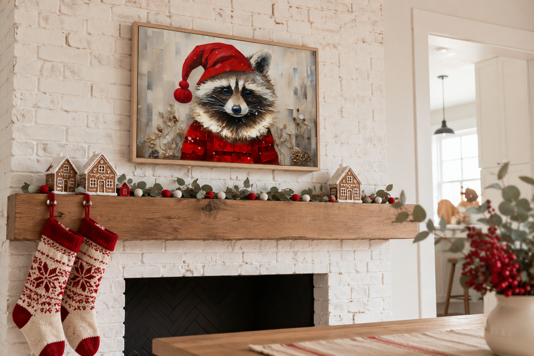 Framed canvas wall art of a raccoon in a Santa hat hanging above a decorated fireplace mantel.