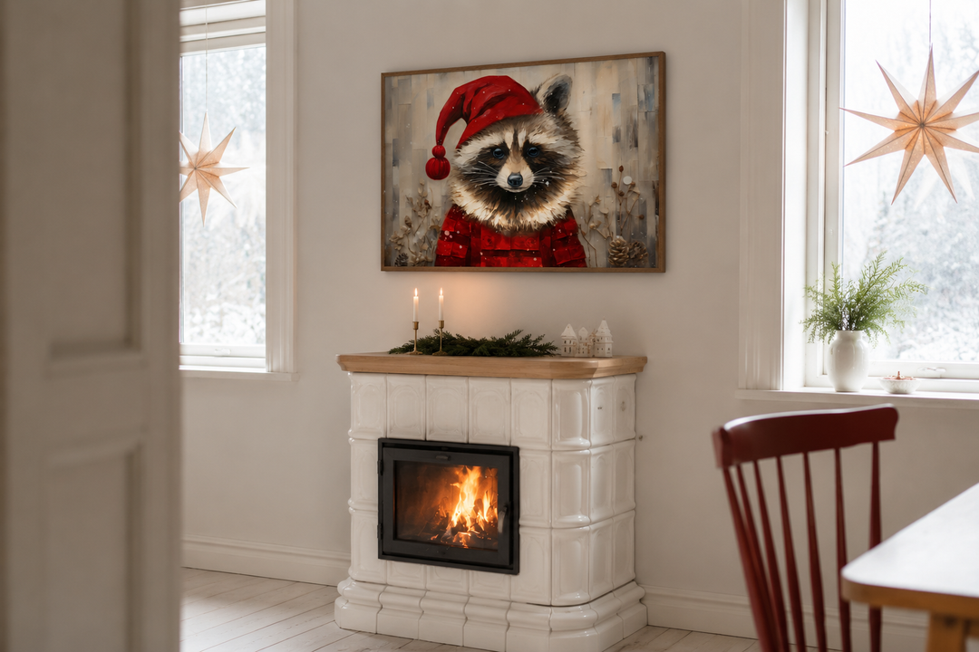 Framed canvas wall art of a raccoon in a Santa hat hanging above a white tiled fireplace mantel.