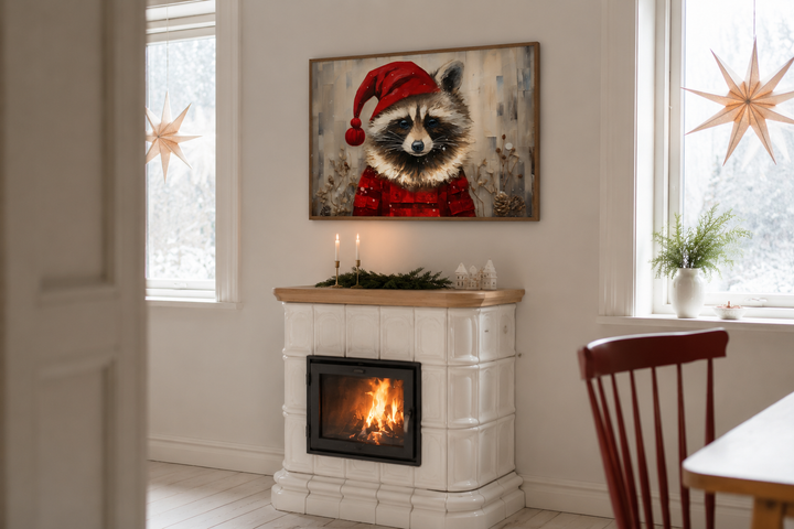 Framed canvas wall art of a raccoon in a Santa hat hanging above a white tiled fireplace mantel.
