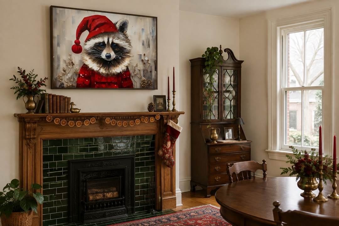 Framed canvas wall art of a raccoon in a Santa hat hanging above a wooden fireplace mantel.