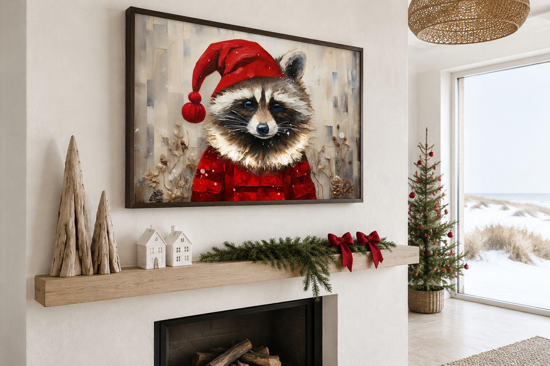 Framed canvas wall art of a raccoon in a Santa hat displayed above a fireplace mantel.
