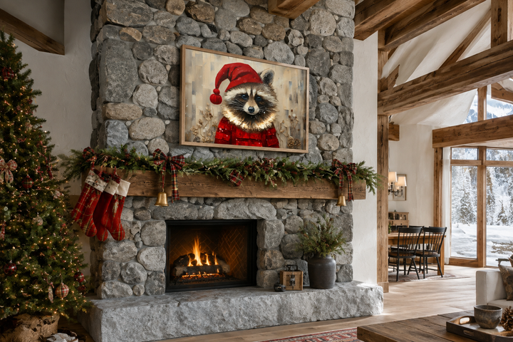 Framed canvas wall art of a raccoon in a Santa hat displayed above a rustic stone fireplace mantel.