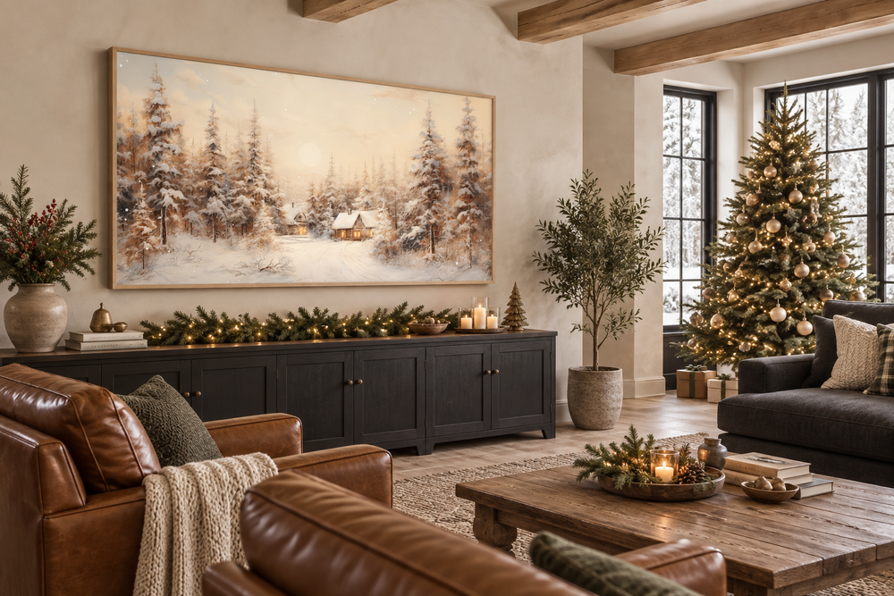 Framed canvas wall art of a snowy Christmas village with fir trees in a rustic living room.