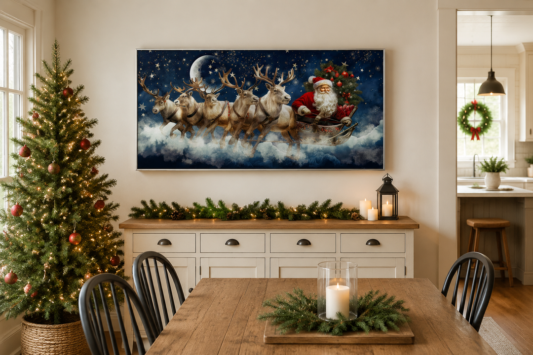 Santa Claus in a sleigh pulled by reindeer canvas wall art hanging above a decorated sideboard.