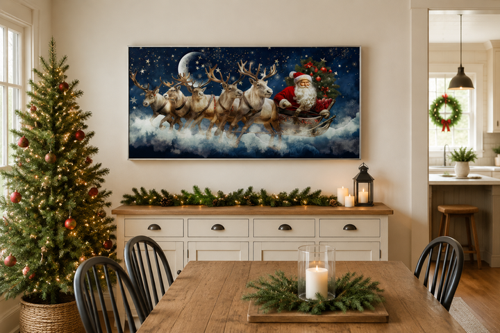 Santa Claus in a sleigh pulled by reindeer canvas wall art hanging above a decorated sideboard.