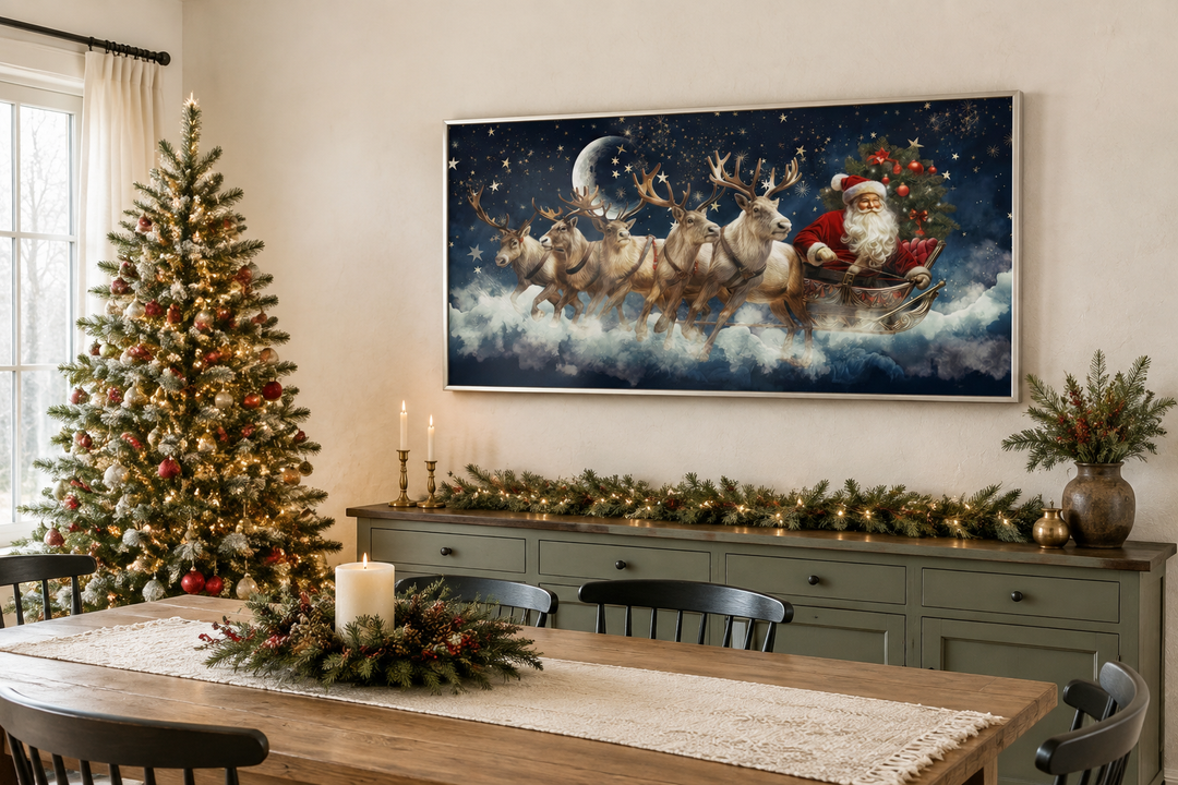 Santa Claus in a sleigh pulled by reindeer canvas wall art displayed above a green sideboard.