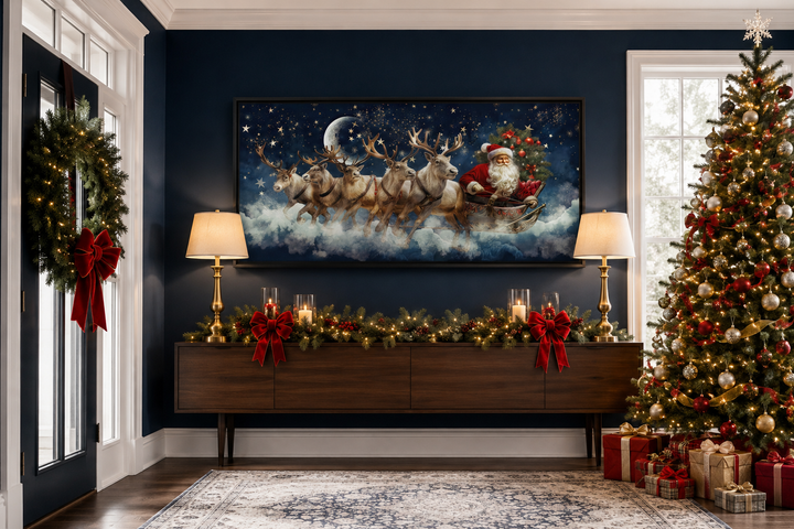 Santa Claus in a sleigh pulled by reindeer canvas wall art displayed above a wooden sideboard.