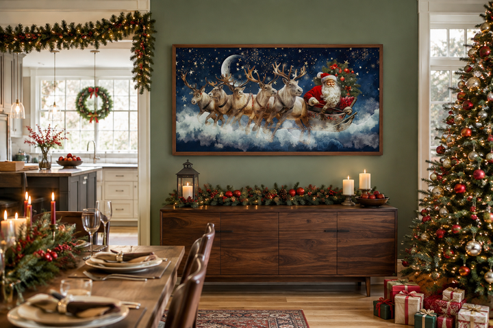 Santa Claus in a sleigh pulled by reindeer canvas wall art hanging in a festive living room.