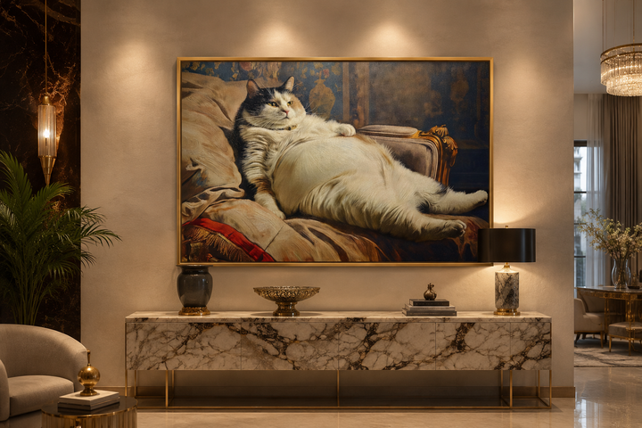 Chubby fat cat Victorian portrait framed canvas wall art hanging above a marble console table.