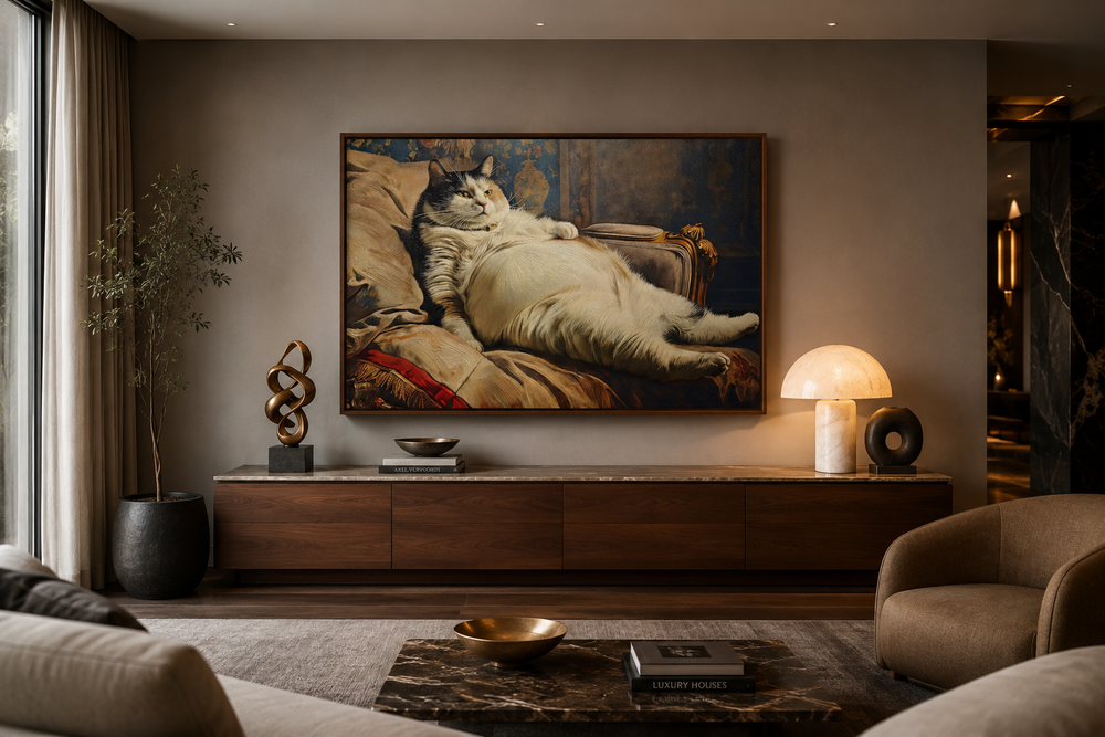 Chubby fat cat Victorian portrait framed canvas wall art hanging above a wooden sideboard.