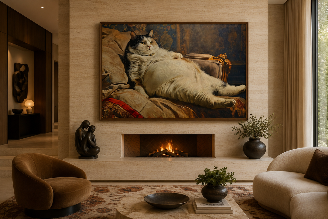 Chubby fat cat Victorian portrait framed canvas wall art hanging above a modern fireplace.