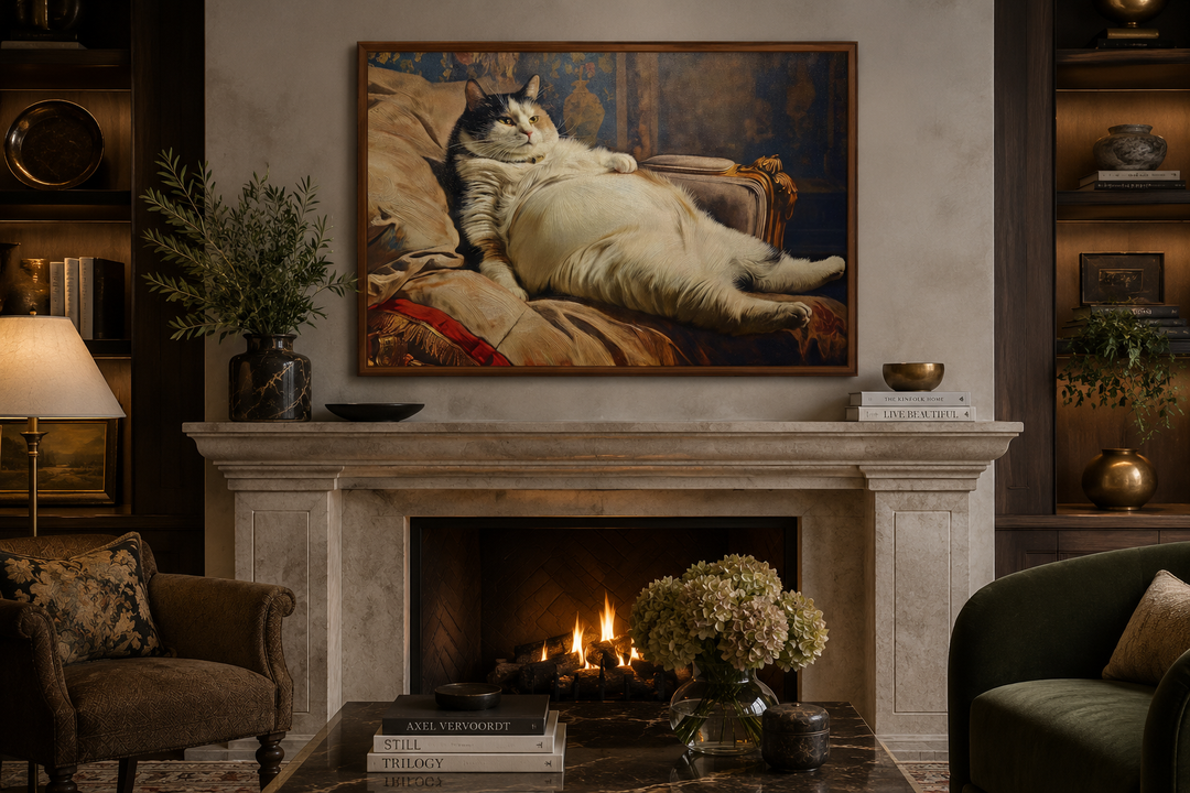 Chubby fat cat Victorian portrait framed canvas wall art hanging above a fireplace in a cozy room.