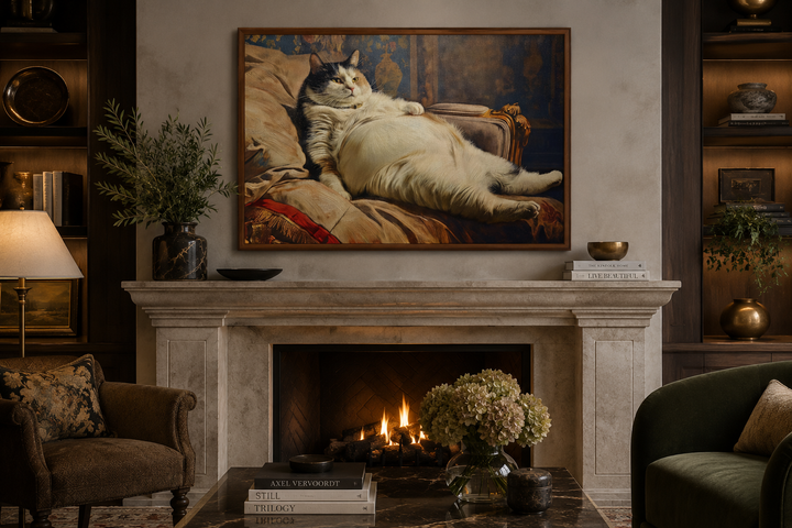 Chubby fat cat Victorian portrait framed canvas wall art hanging above a fireplace in a cozy room.