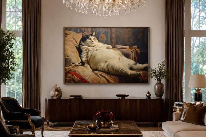 Framed canvas wall art of a chubby cat in a Victorian portrait style, hanging in a living room.