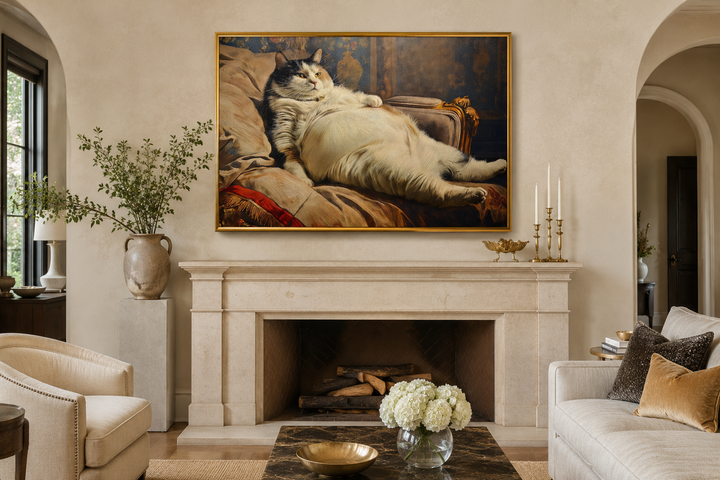 Chubby fat cat Victorian portrait framed canvas wall art hanging above a fireplace in a living room.