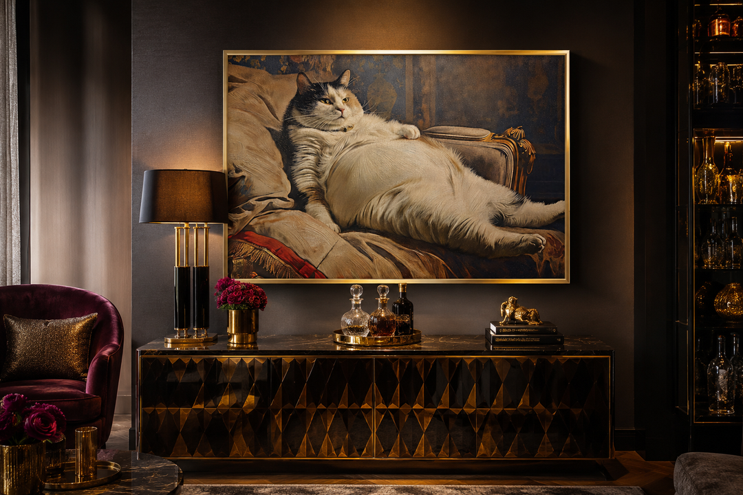 Chubby fat cat Victorian portrait framed canvas wall art hanging above a dark sideboard.