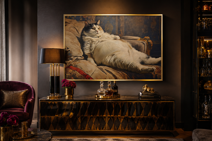 Chubby fat cat Victorian portrait framed canvas wall art hanging above a dark sideboard.